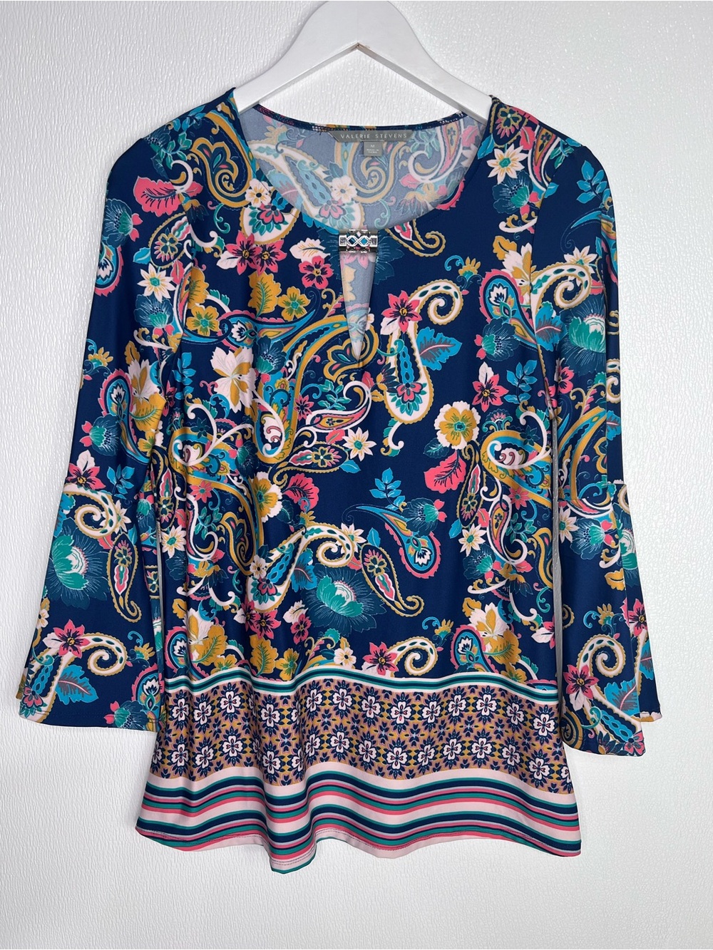 VALERIE STEVENS Blue Floral Print Boho Paisley Top Bell Sleeves Size Medium